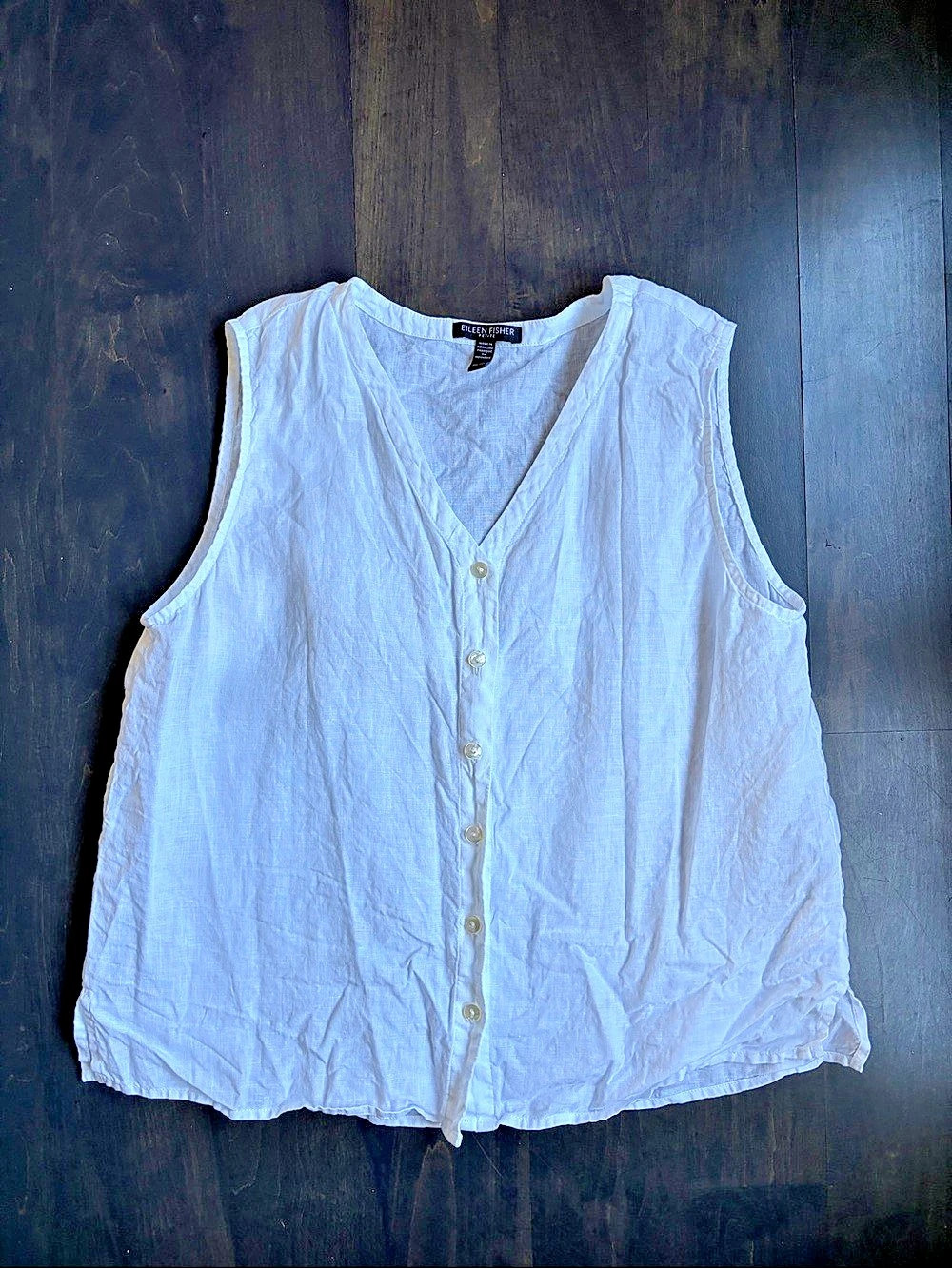 EILEEN FISHER Organic Linen V-Neck Button Top White Petite Medium
